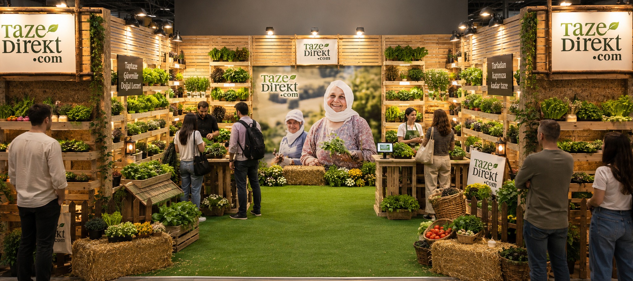 Taze Direkt exhibition space with fresh produce displays, natural wood and visitor interactions