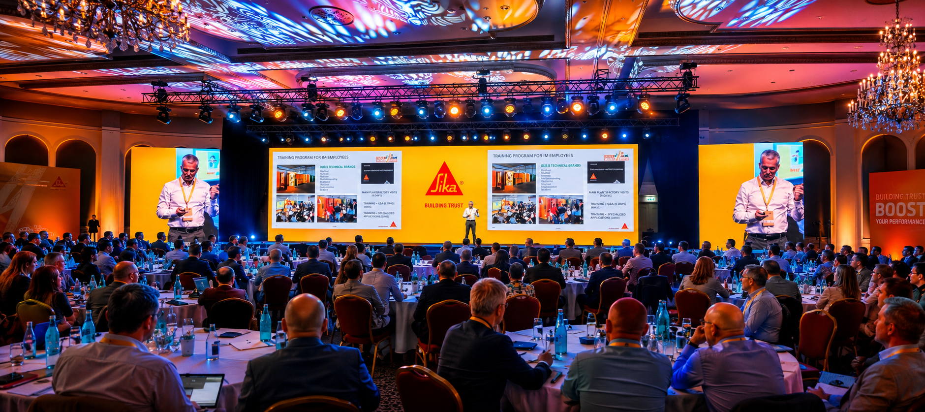 Sika RSMM EMEA event stage with presentation screens and audience
